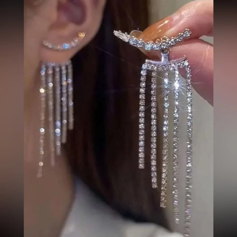 Silver Rhinestone Elegant Tassel Drop Earrings For Wedding Party Gift Women - Picture 5 of 5